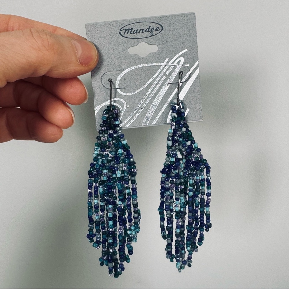 Bohemian BOHO Blue Seed Beads Tassel Fringe Drop Earrings Handmade 4"